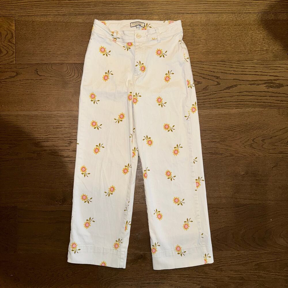 Bagatelle Anthropologie Cropped Wide Leg Pants Ivory with Sunflowers Size 4